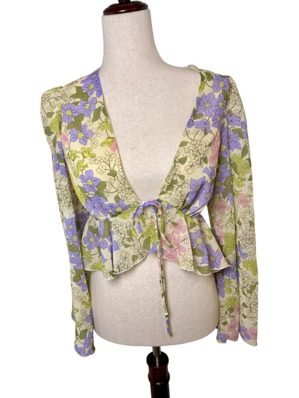 Showpo Cream Purple Green Floral Tie Front Peplum Crop Top Size 2